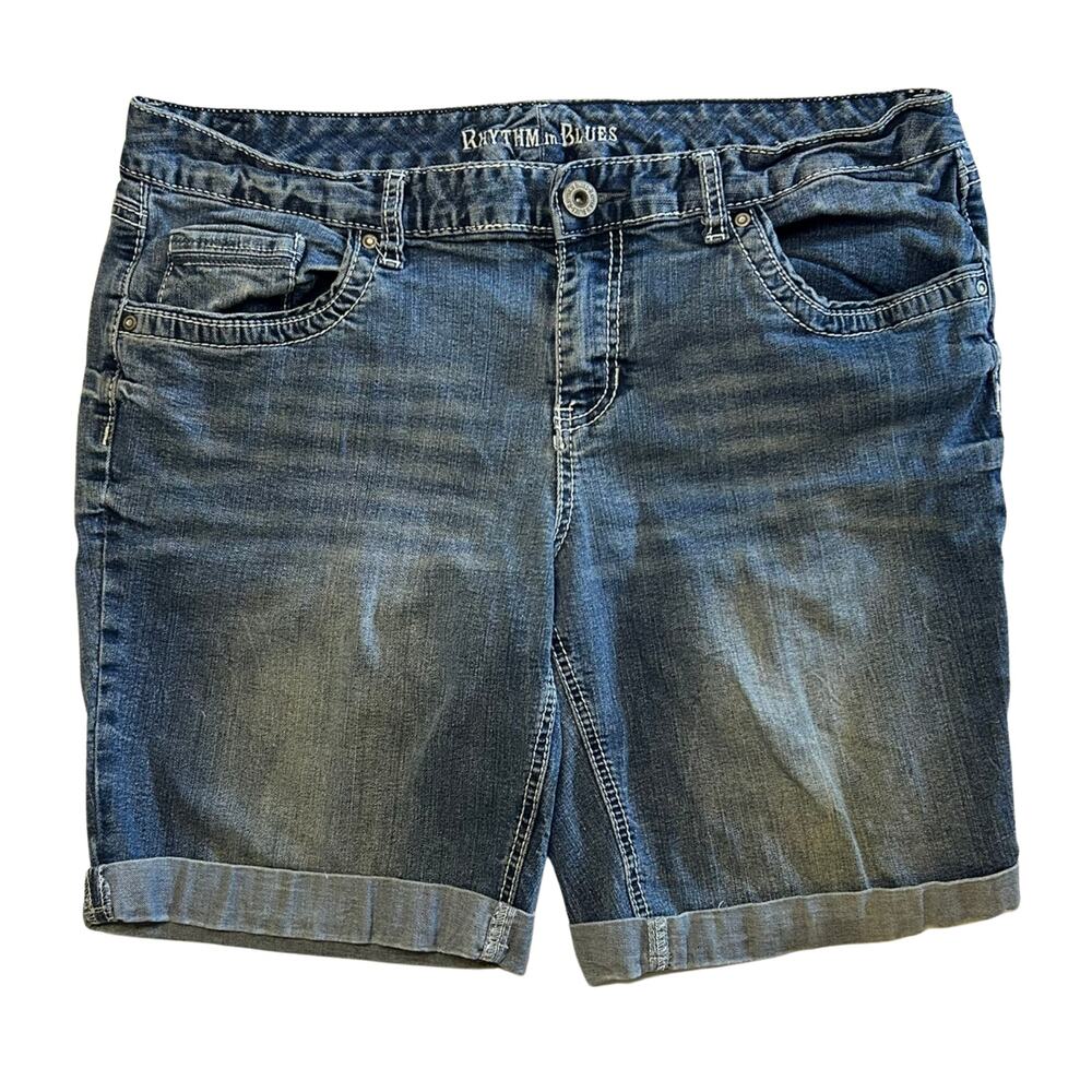 Rhythm in Blues Denim Bermuda Jorts 14 Medium Wash Y2K Cuffed Jean Shorts